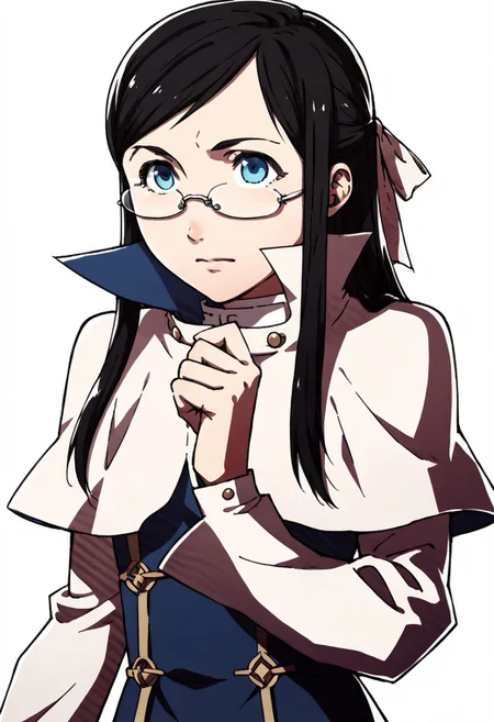 score_9, score_8_up, score_7_up, source_anime BREAK solo, 1girl, fatesportraits, portraits, white background, full body, Rosa_rosa_utm, long hair, black hair, sidelocks, hair ribbon, blue eyes, glasses, rimless eyewear, small breasts, White capelet, collared capelet, dark blue coat, long sleeves,  long coat, upper body