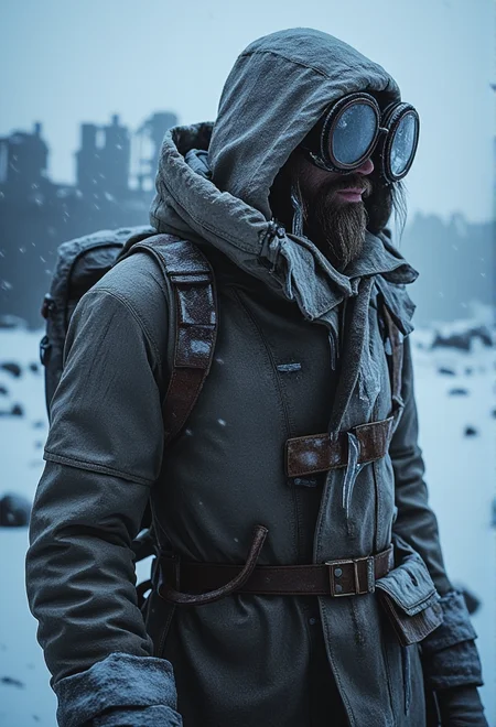 A medium shot of a weary figure in a heavy, frost-covered winter coat, facing slightly away from the camera with a distant, hardened expression, layers of snow and ice clinging to their worn clothing, steampunk goggles resting on their forehead, surrounded by a heavy snowfall and the faint silhouette of industrial structures in the background, creating an intense, melancholic atmosphere .bv-fropunsty<lora:bv-frostpunk-style-v1.safetensors:1.0:1.0>