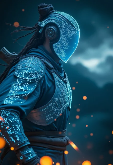 A dystopian space ninja in a dynamic action pose, captured in a cinematic close-up. His feudal-inspired armor shimmers in an ethereal white and blue hue, composed entirely of glowing particles that drift and swirl as he moves. His visor emits a faint, ghostly glow, barely illuminating the surrounding darkness. High-contrast lighting accentuates the deep shadows and the radiant energy coursing through his form. The atmosphere crackles with tension as he lunges forward, frozen in a split-second of breathtaking motion. Blurred streaks of light and embers trail behind him, adding to the raw, kinetic energy of the scene. elysium