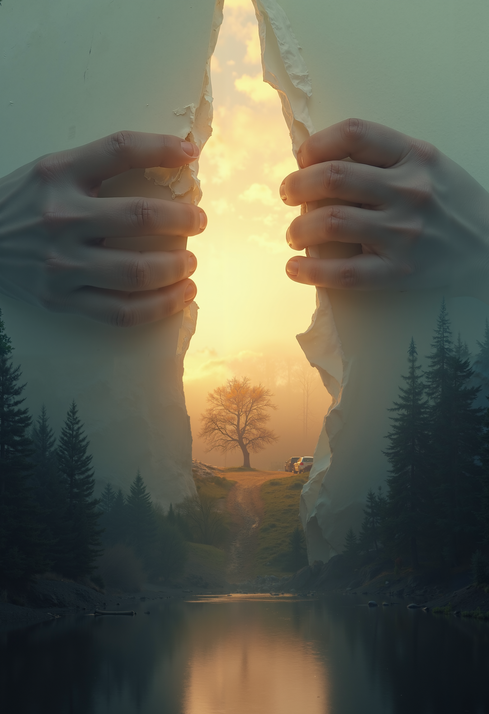 Create a surreal scene featuring a pair of giant hands tearing open the fabric of reality from sheet of paper. Behind the tear, reveal a contrasting landscape bathed in warm, golden light with a single tree standing on a path. The foreground should be a serene, reflective lake surrounded by dark, dense forest under a cloudy sky. The transition between the two worlds should be dramatic, with the light from the hidden world spilling into the darker, forested area