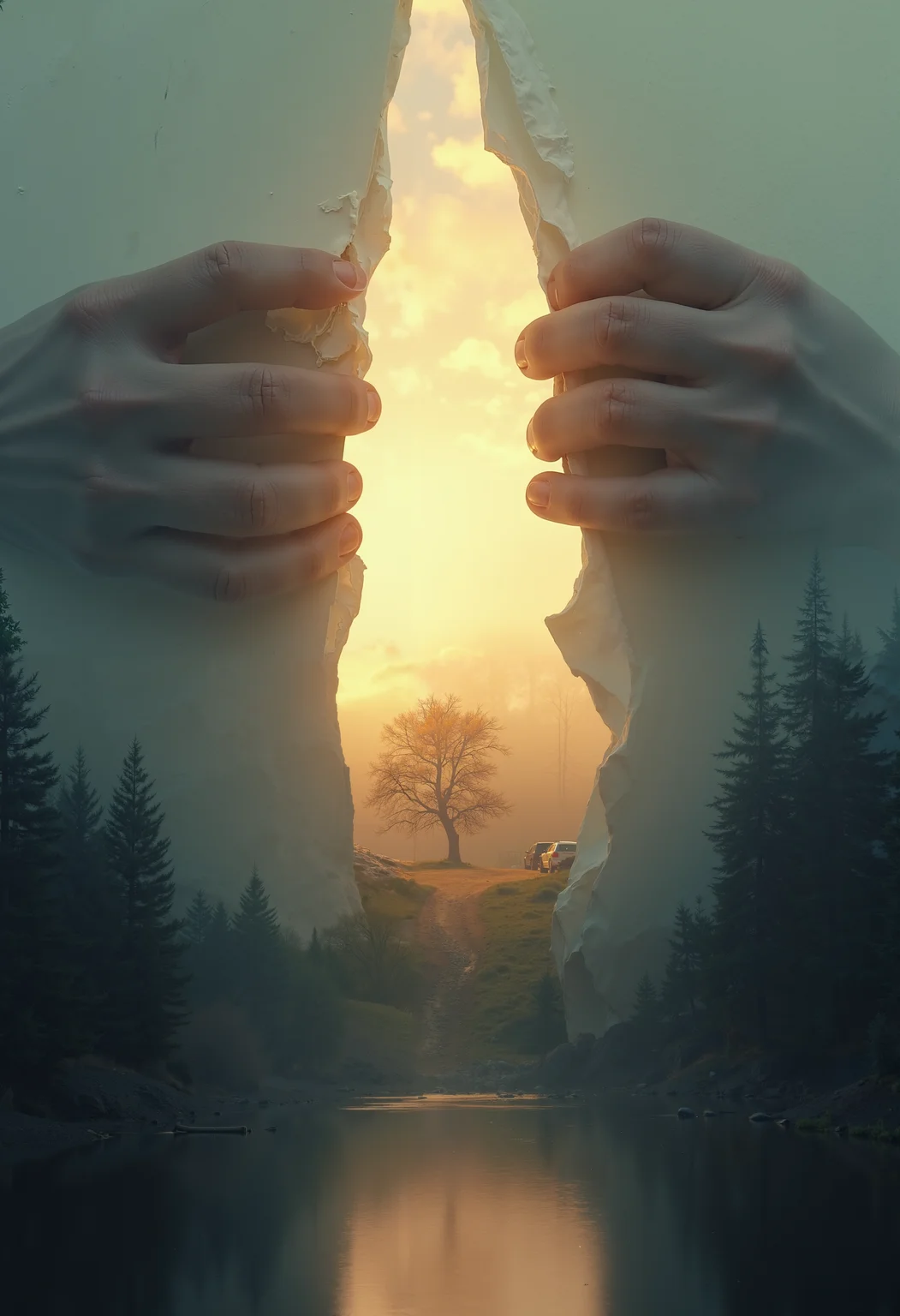 Create a surreal scene featuring a pair of giant hands tearing open the fabric of reality from sheet of paper. Behind the tear, reveal a contrasting landscape bathed in warm, golden light with a single tree standing on a path. The foreground should be a serene, reflective lake surrounded by dark, dense forest under a cloudy sky. The transition between the two worlds should be dramatic, with the light from the hidden world spilling into the darker, forested area