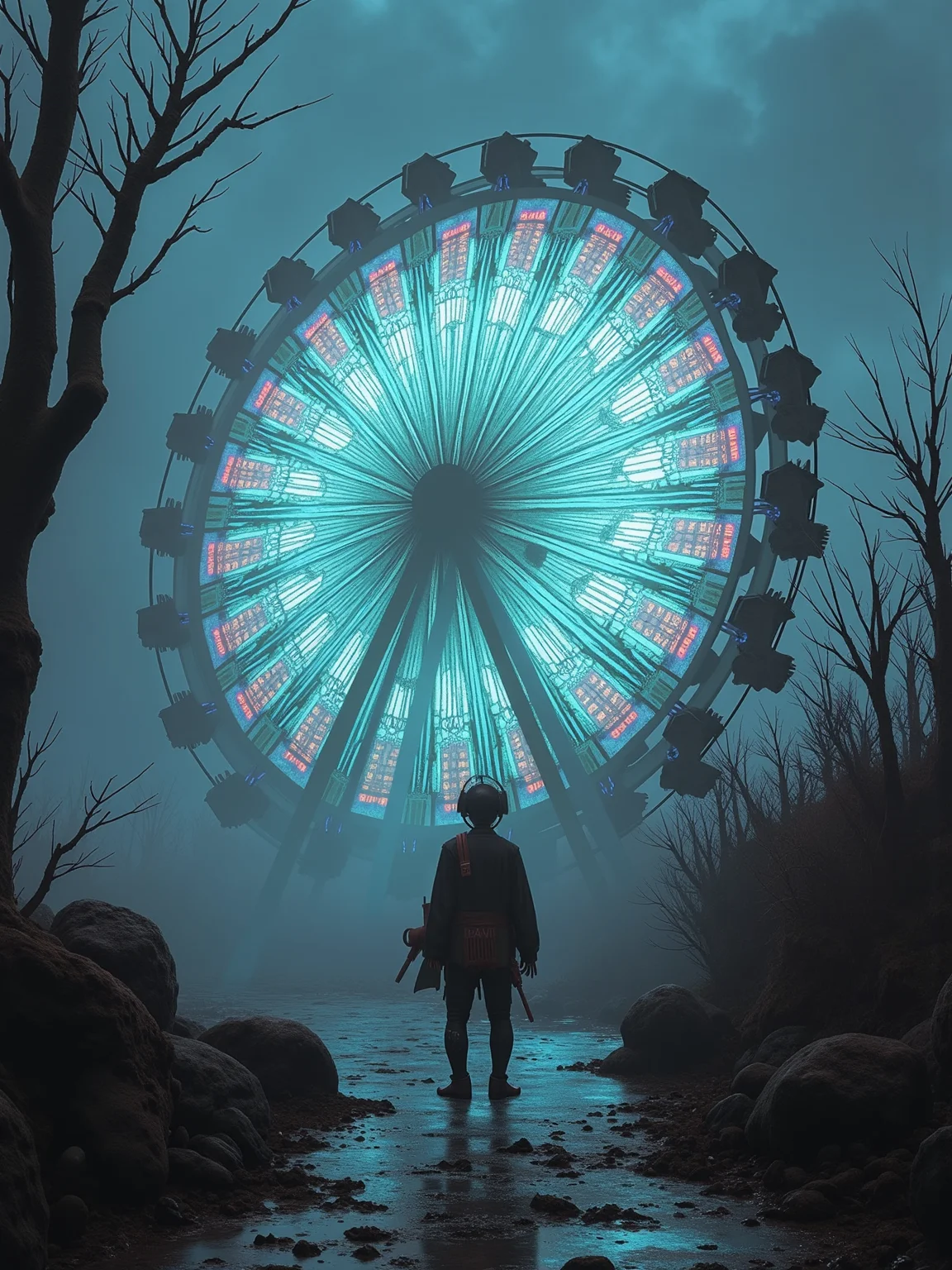 A highly detailed, vivid fantastically disturbing masterpiece depicting the dark descent, symmetrically stationed, a human living in a world where they can live forever. perturbing, subtle fog and mist, descend on the horrifying ferris wheel in the background. This composition is meticulously framed to showcase every intricate detail, making this an award-worthy UHD RAW photograph, celebrated for its stunning anaglyph effect, exceptional quality, and artistic grit. darkcore <lora:Darkcore:0.6>