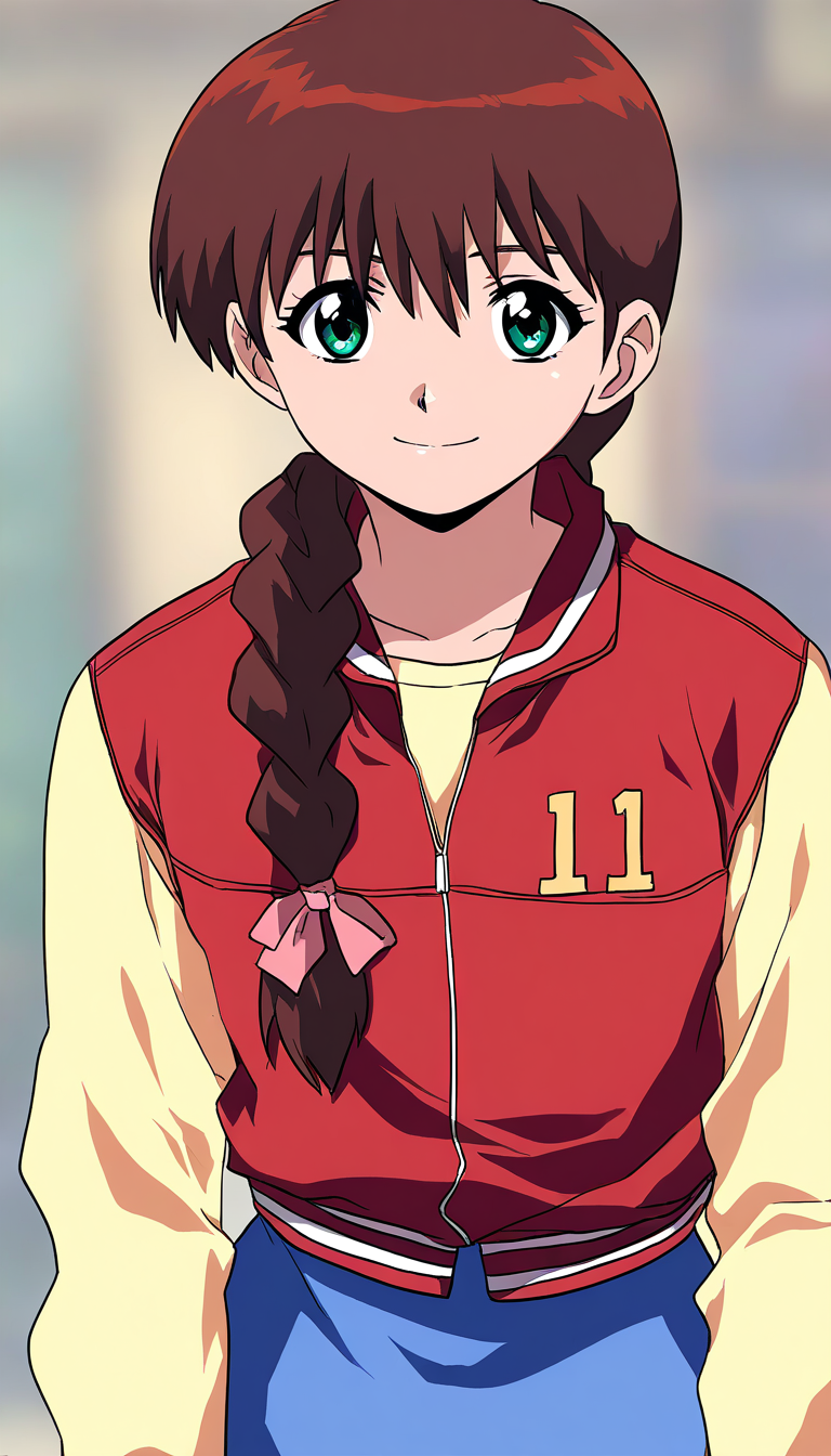 masterpiece, best quality, good quality, <lora:Miyanoshita_Satsuki_IS:1>
Miyanoshita_Satsuki, 1girl, brown hair, green eyes, single braid, long hair, bangs, 
blue skirt,red jacket,Yellow long sleeves,
 anime coloring,
smile,looking at viewer, cowboy_Shot,