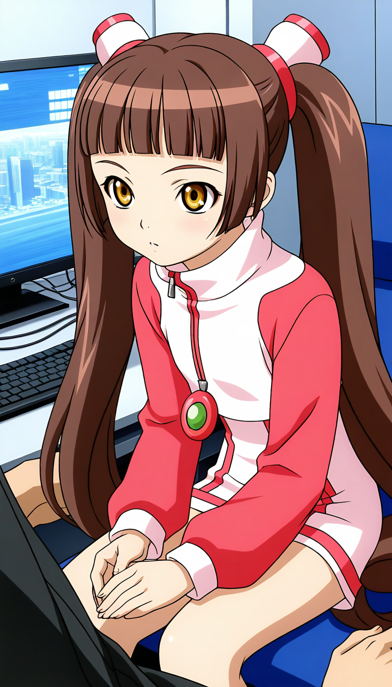 general,highres, ultra-detailed,very aesthetic,best quality ,best hands,  BREAK <lora:Amy_BA_IS:1>Amy_BA, twintails, long hair, brown hair, brown eyes, blunt bangs, flat chest, yellow eyes, 
1girl, computer, long sleeves, blunt bangs, solo focus, bangs, jewelry, sitting, 
monitor, screen, solo
city, cyber puncture,