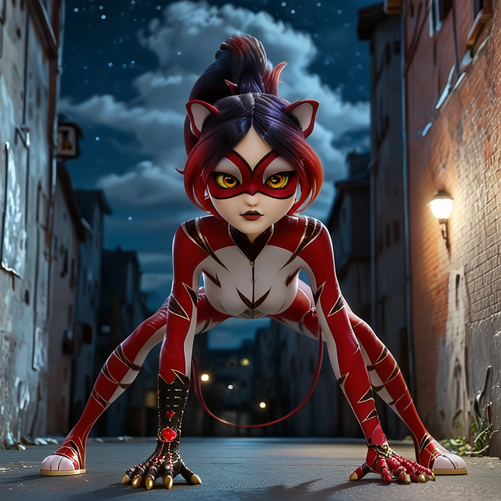 score_9_up, score_8_up, score_7_up, (masterpiece), (best quality), (ultra-detailed), (very aesthetic:1.2), intricate details, perfect composition, romantic atmosphere, <lora:d3t41l3dXLP:1> , d3t41l3d, 
<lora:Breast Slider - Pony_alpha1.0_rank4_noxattn_last:1>, 
1girl, solo,  <lora:Purple_Tigress__Miraculous_Ladybug__Pony:1> , Purple_Tigress__Miraculous_Ladybug__Pony, imtdpurtigr, animal ears, cat ears, domino mask, mask, bodysuit, ponytail, yellow eyes, colored sclera, multicolored hair, two tone hair, red hair, black hair, makeup, gradient hair, large breast, 
 full body in view, dark background, night, dark alley, low light,
jump kick,
<lora:Expressive_H-000001:0.8>, expressiveh,