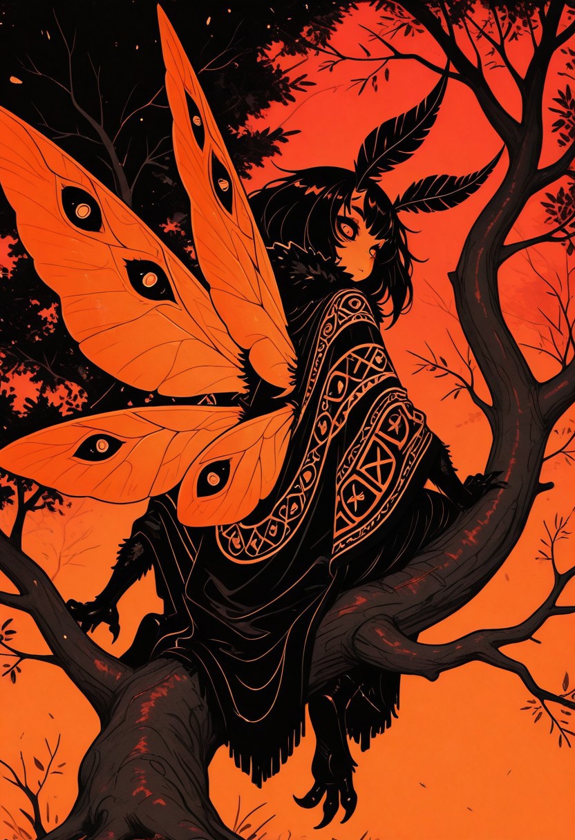 1 girl , moth girl , monochrome , red theme , orange theme , black theme , bright theme , contrasting colors , moth girl , moth wings with eye on them , extra arms , pointy claws , eyes , extra eyes , from behind , looking back , looking at viewer , on tree , extra eyes , eyes , poncho , sitting ,
,masterpiece,best quality,amazing quality, d41z3n, Rapscallionstyle, in the style of cksc