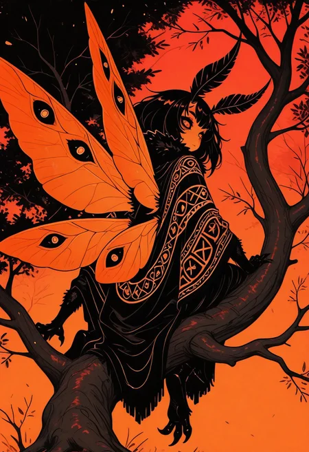 1 girl , moth girl , monochrome , red theme , orange theme , black theme , bright theme , contrasting colors , moth girl , moth wings with eye on them , extra arms , pointy claws , eyes , extra eyes , from behind , looking back , looking at viewer , on tree , extra eyes , eyes , poncho , sitting ,
,masterpiece,best quality,amazing quality, d41z3n, Rapscallionstyle, in the style of cksc