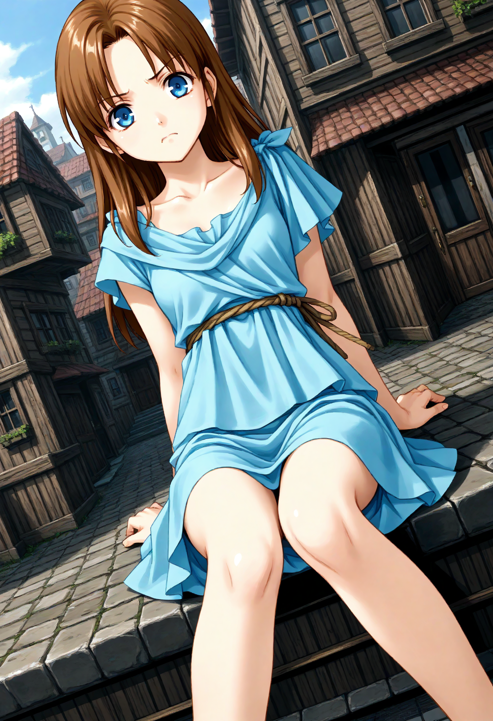 1girl, lilia (ys) , ys ii, <lora:lilia_Pony_v1:0.5>
solo, brown hair, long hair, blue eyes, blue dress,
dutch angle, feet out of frame, looking at viewer, angry, slum town, closed mouth,