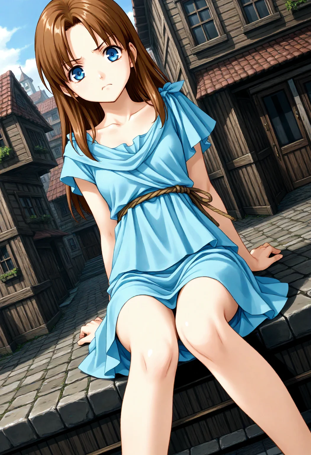 1girl, lilia (ys) , ys ii, <lora:lilia_Pony_v1:0.5>
solo, brown hair, long hair, blue eyes, blue dress,
dutch angle, feet out of frame, looking at viewer, angry, slum town, closed mouth,