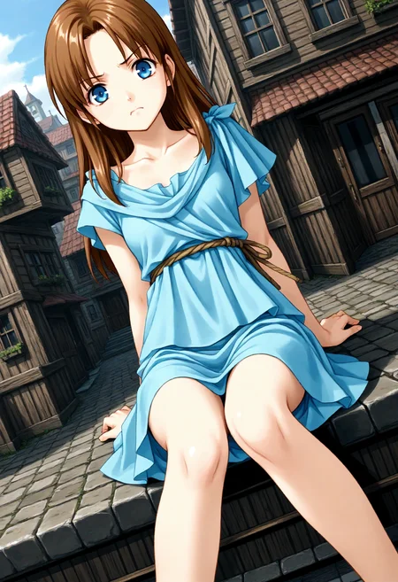 1girl, lilia (ys) , ys ii, <lora:lilia_Pony_v1:0.5>
solo, brown hair, long hair, blue eyes, blue dress,
dutch angle, feet out of frame, looking at viewer, angry, slum town, closed mouth,