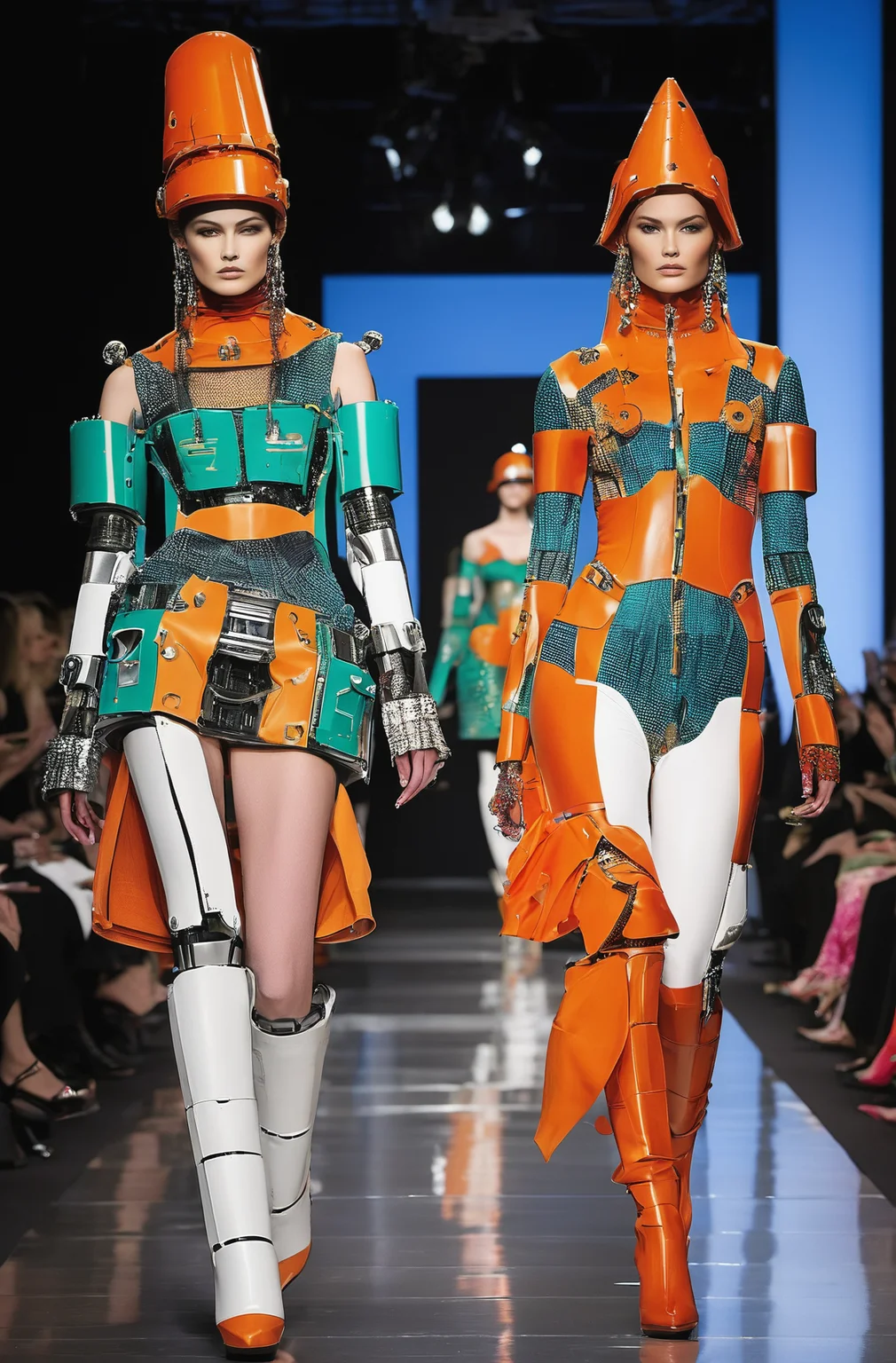 robots modeling clothing on the runway at a fashion show. The models are wearing this season's hottest trends, haute couture from a variety of designers and designs in vibrant colors
