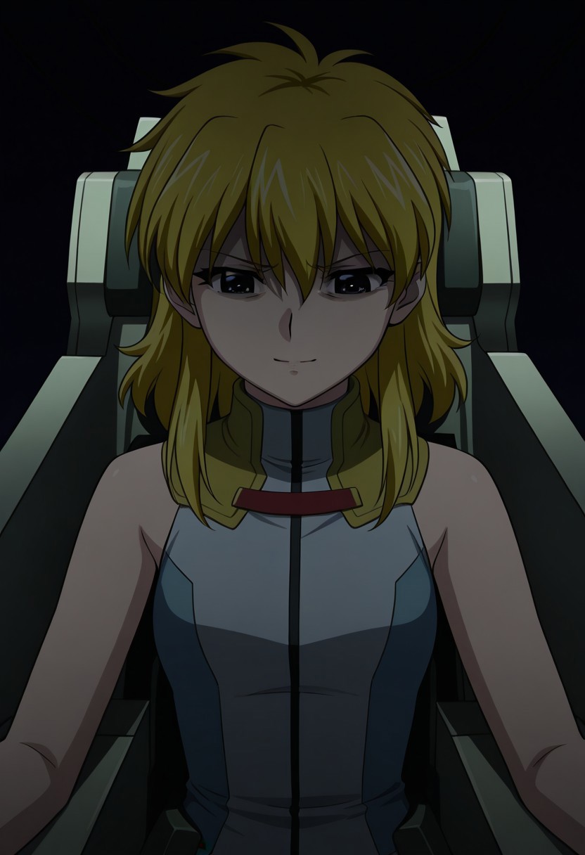 masterpiece, best quality, 32k, high resolution, absurdres, sara werec, closed mouth, smile, sad, bare shoulders, dark, dress, uniform, bodysuit, angry, cockpit