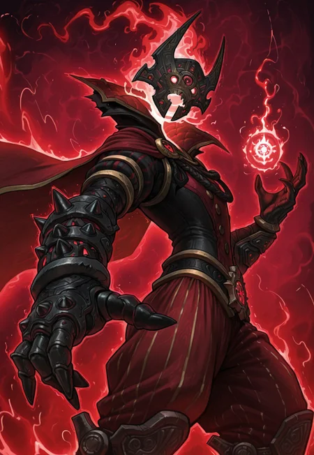 masterpiece, best qualty, from side, cowboy shot, dynamic pose, dynamic angle, red energy background, brokerxl, dullahan, no head, floating mask, red clothes, black clothes, baggy pants, spiked gauntlets, yellow trim, popped collar, cape, robot legs, striped clothes, gauntlets, casting spell, ornate accessories, looking at viewer