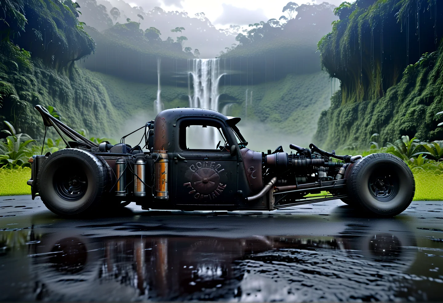 rat_rod, at lonley highway on an alien planet, rainforrest, hyper detailed, waterfall, backside,,