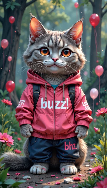 top-notch portrait, intricate background, close up of a (.cr2,aidmamj6.1,mythp0rt,amanoer,it has a white sign on both of its paws that says' buzz! i love it!', this is a very detailed digital artwork depicting a personified super cute gray cat standing in a park the cat has expressive red eyes and pale pink powder blusher she has a smile on her face and looks very cute her appearance added a touch of coolness this cat loving lady is wearing comfortable sportswear with white markings on both paws that read 'buzz! i love it!' i like to use the background to depict a comfortable living room, as if filled with soft colored balloons. this photo is rich in details, and the overall atmosphere is vibrant and slightly delicate. you can directly see the pink letters' buzz 'on the camera's white markings! i love it!:1.3) , Lebanese vegetation and lava pit, at Dusk, shallow depth of field, (surrealism art stylized by Terry Gilliam:1.3) , Contemporary, Lustful, Shock Art, Starlight, Tintage, Fujicolor C200, Depth of field 100mm, complementary colors, artstation, Concept Art World, asymmetrical, tiny