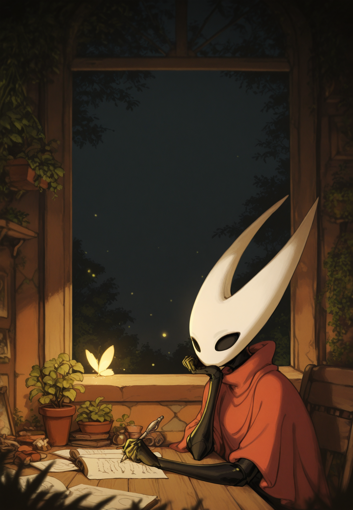 1girl, <lora:LofiGirl_Style_IXL:1>, zzLofi, sitting, side view, wooden, parchment, head rest, holding pen, firefly, night, pen, plant, window, windowsill, writing, stone table <lora:Hornet_hollow_knight_Illustrious:1> hornet \(hollow knight\), red cloak, hollow eyes, masterpiece, best quality, newest, absurdres, highres, new, kaifei \(kaifei 29\),(ittla:0.7),wafferscotch,, (khyle.:0.8)