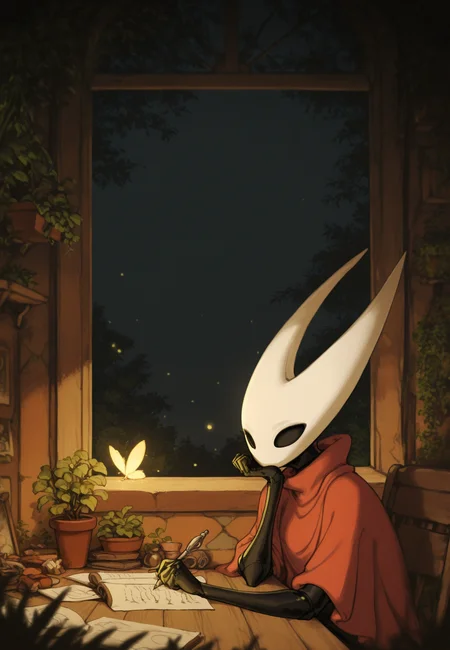 1girl, <lora:LofiGirl_Style_IXL:1>, zzLofi, sitting, side view, wooden, parchment, head rest, holding pen, firefly, night, pen, plant, window, windowsill, writing, stone table <lora:Hornet_hollow_knight_Illustrious:1> hornet \(hollow knight\), red cloak, hollow eyes, masterpiece, best quality, newest, absurdres, highres, new, kaifei \(kaifei 29\),(ittla:0.7),wafferscotch,, (khyle.:0.8)