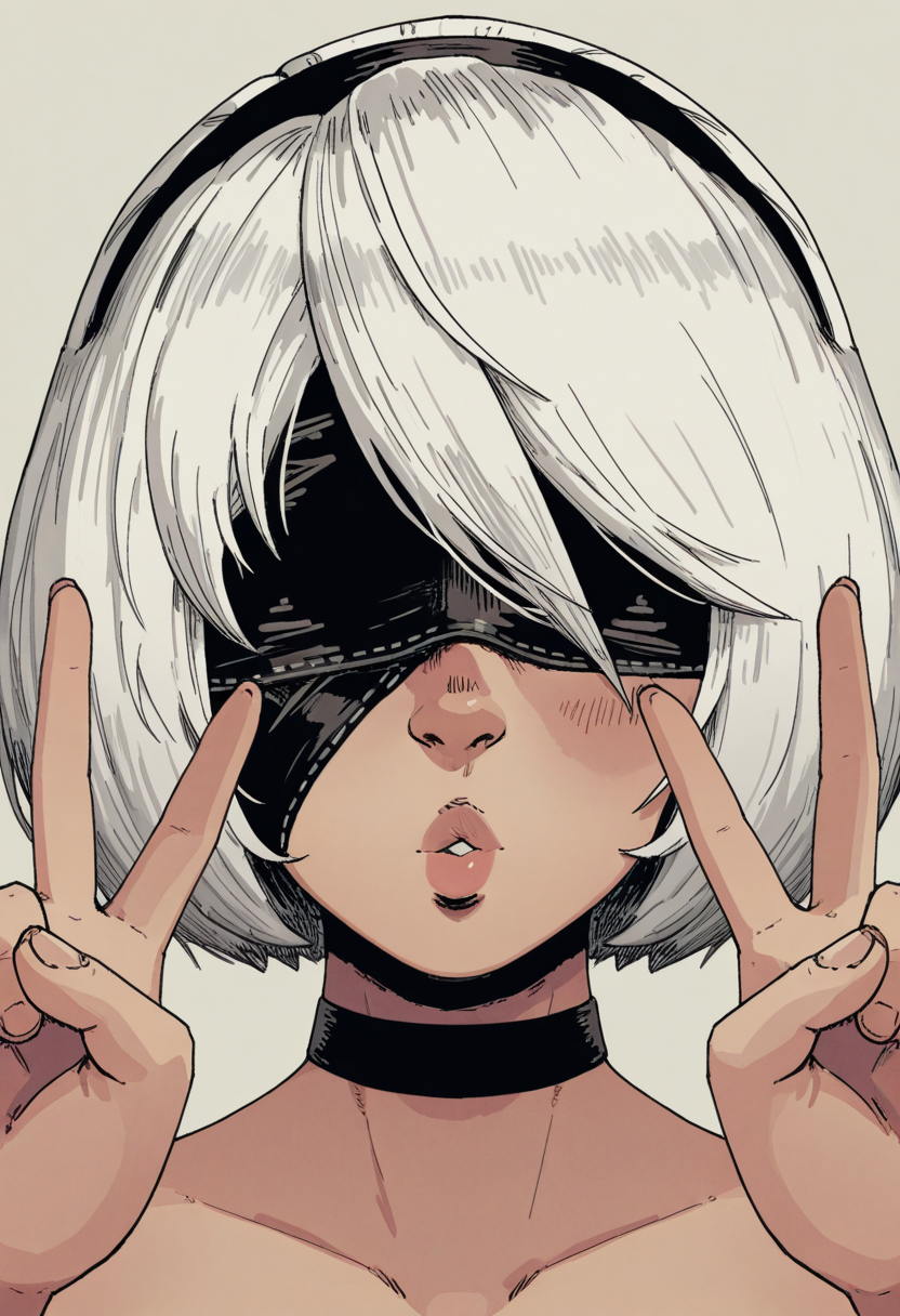 10P3Zstyle, masterpiece, best quality, solo,                                                                                                          2B (Nier Automata), white hair, blindfold, faceshot, choker, double v, tongued, puckered lips,