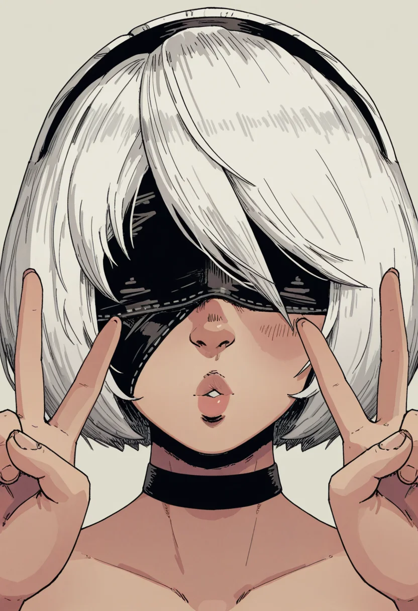 10P3Zstyle, masterpiece, best quality, solo, 2B (Nier Automata), white hair, blindfold, faceshot, choker, double v, tongued, puckered lips,