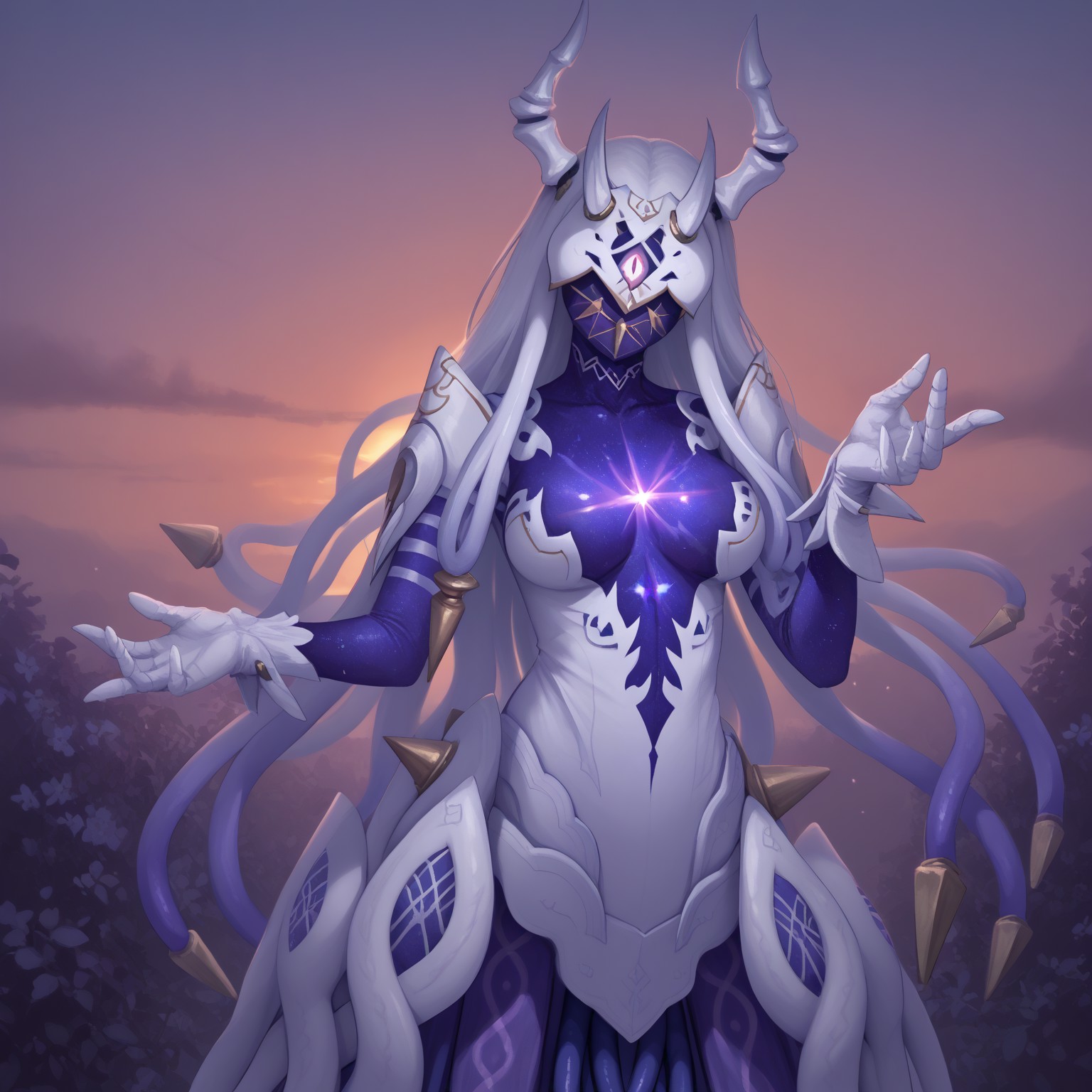 1girl, solo, realistic, realistic lighting, realistic coloring, looking at viewer, Ginnungagap, monster girl, no mouth, horns, cyclops, white hair, tentacle hair, colored skin, mask, dress, legless, tentacle legs, tentacle limbs, star (sky), (large breasts),

upper body
BREAK, Masatsugu Saito, Garden, sunset, orange sky, purple sky,