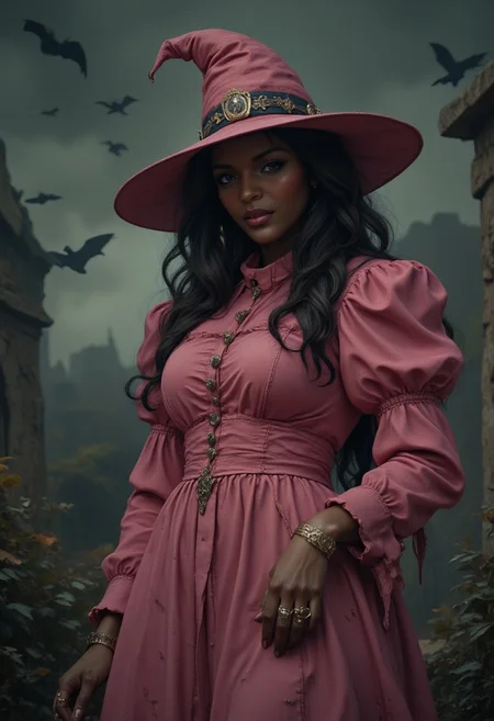 The figure in the image is that of a Dark-skinned witch with an intense, menacing expression. She wears a long pink dress with pointed shoulders and a fitted bodice that accentuates her curvy figure. The dress is worn, with tattered parts that seem to flap in the wind, giving her an air of mystery and danger. On her head, she wears a wide, pointed hat, iconic of witches, which adds to her menacing appearance. Her hand, is adorned with rings and jewelry partially visible with the fingers slightly curled, as if she were about to cast a spell or hold something. The background is dark, full of stormy clouds, and several silhouettes of bats fly around her, reinforcing the sinister atmosphere. Particles and leaves fly in the air, giving the impression that a magical storm is surrounding this witch.