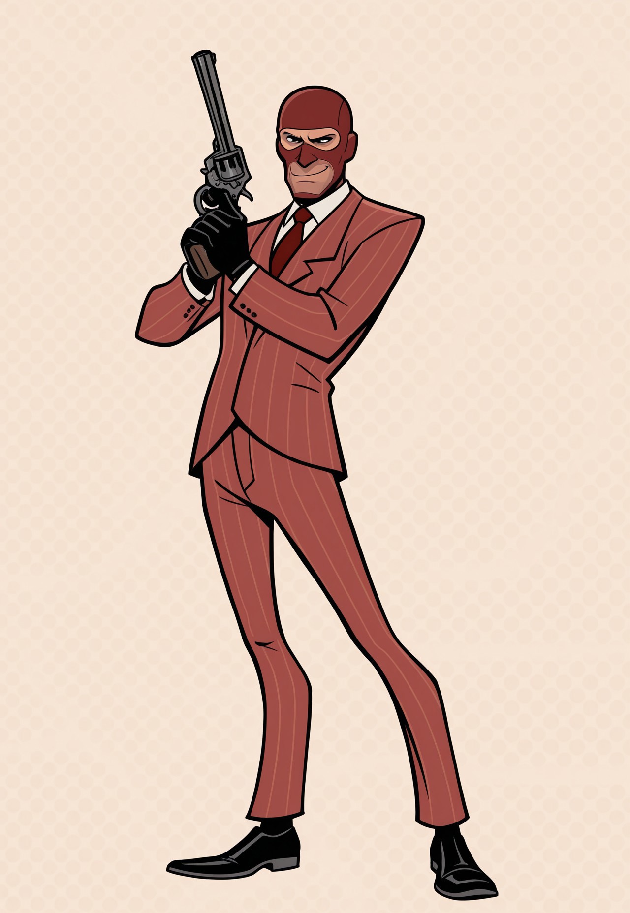 cartoony, black lineart, thick lineart, flat colors, stylized, sharp edges, masterpiece, best quality, detailed background, 8k, 1boy, solo, spy (tf2), mature man, black eyes, red ski mask, white shirt, red tie, pinstripe suit, red suit, black gloves, pinstripe pants, red pants, black shoes, smirk, light red background, polka dot background, full body, turning to viewer, staring at viewer, holding revolver, revolver, black revolver, gun, weapon, 1gun, cartoony proportions, skinny legs, pose