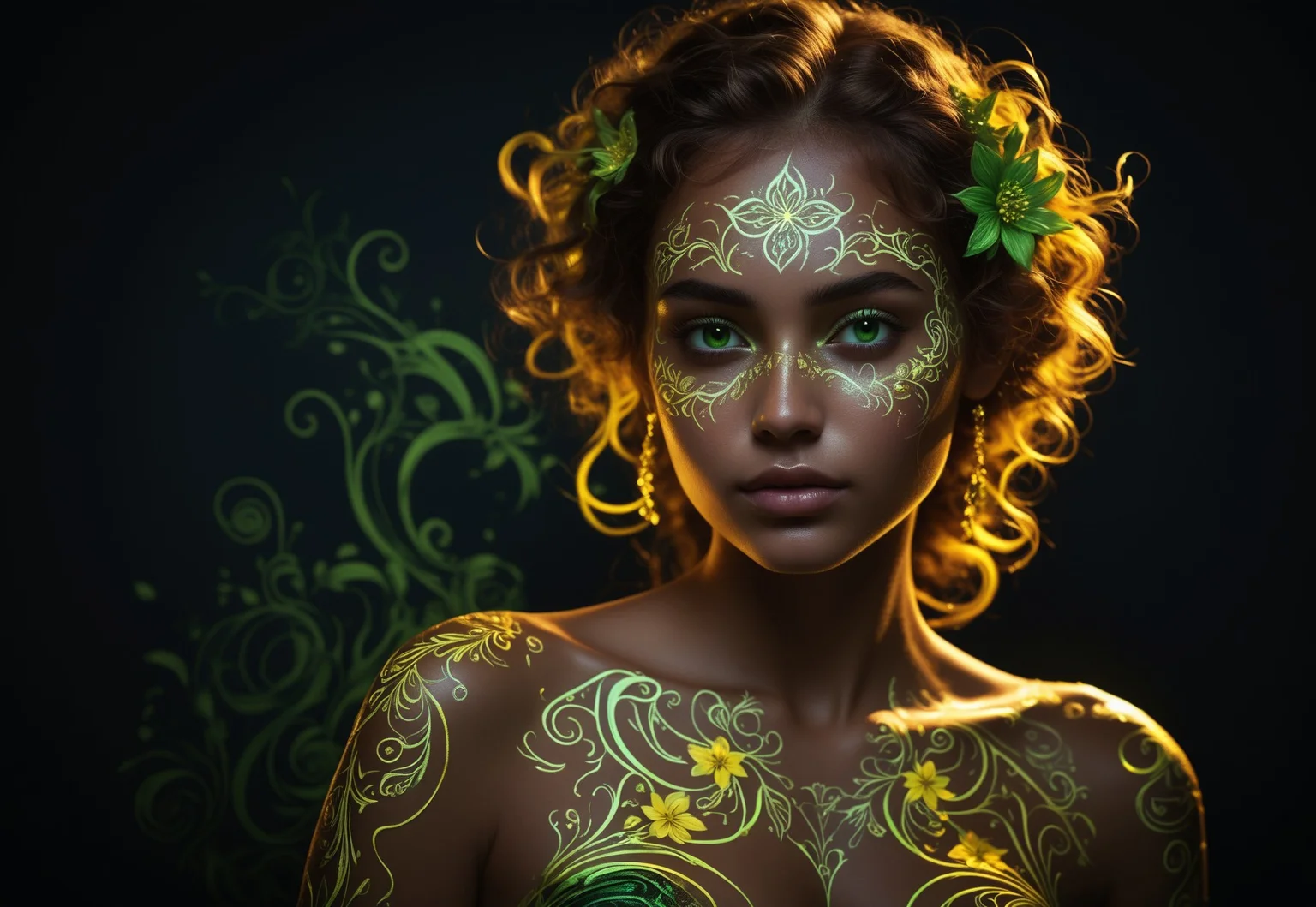 The image features a person with long, wavy hair adorned with intricate, glowing floral patterns. The vibrant green and yellow hues of the patterns contrast beautifully against the dark background.