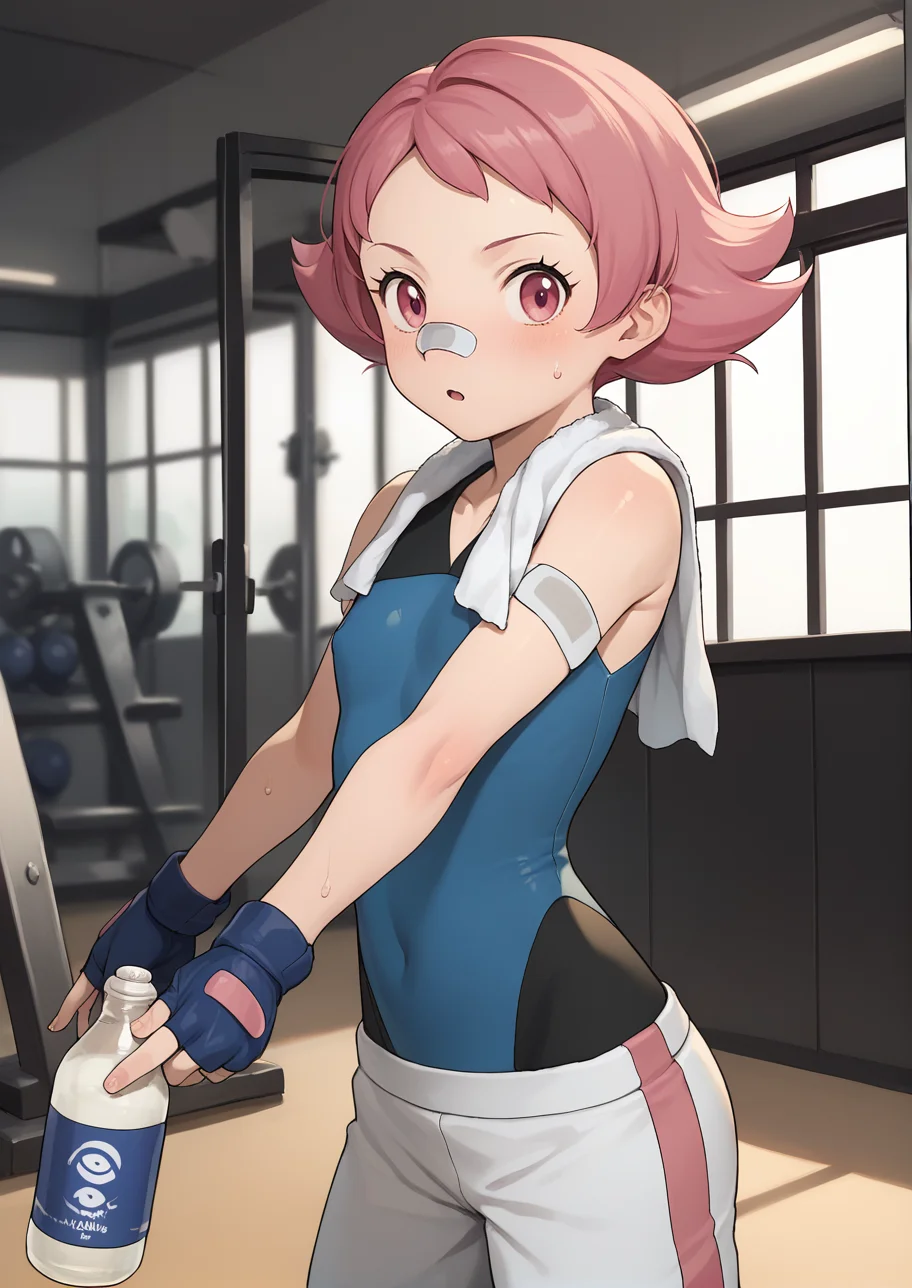 score_9,score_8_up,score_7_up,score_6_up,source anime BREAK, solo, flat colors,
indoors, gym, looking at viewer, sweat, bottle, towel, towel around neck,
1girl, maylene (pokemon), pink eyes, pink hair, small breasts, short hair, eyelashes, pointy hair,
white pants, blue gloves, bandaid on nose, bandaid, bandaid on arm, bodysuit, fingerless gloves, spandex, sleeveless,
<lora:maylene_v1_0:1>