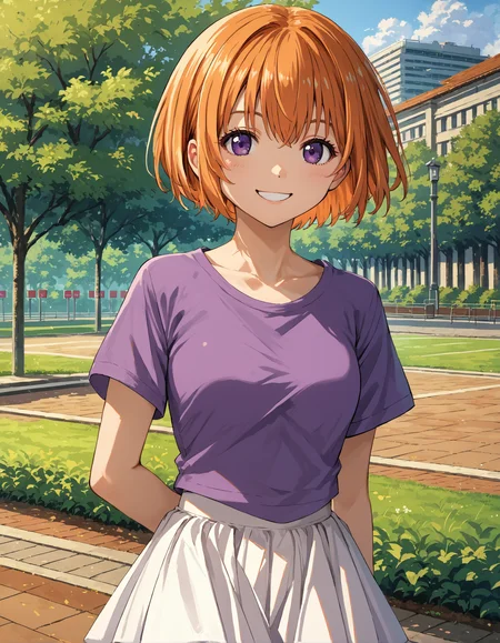 score_9, score_8_up, source_anime, 1girl, upper body, medium shot, detailed, mgrcmiuraasahi, orange hair, short hair, purple eyes, purple t-shirt, white skirt, hand behind back, dynamic pose, smiling, outdoors, park, <lora:mgrcmiuraasahi_XL:0.9>