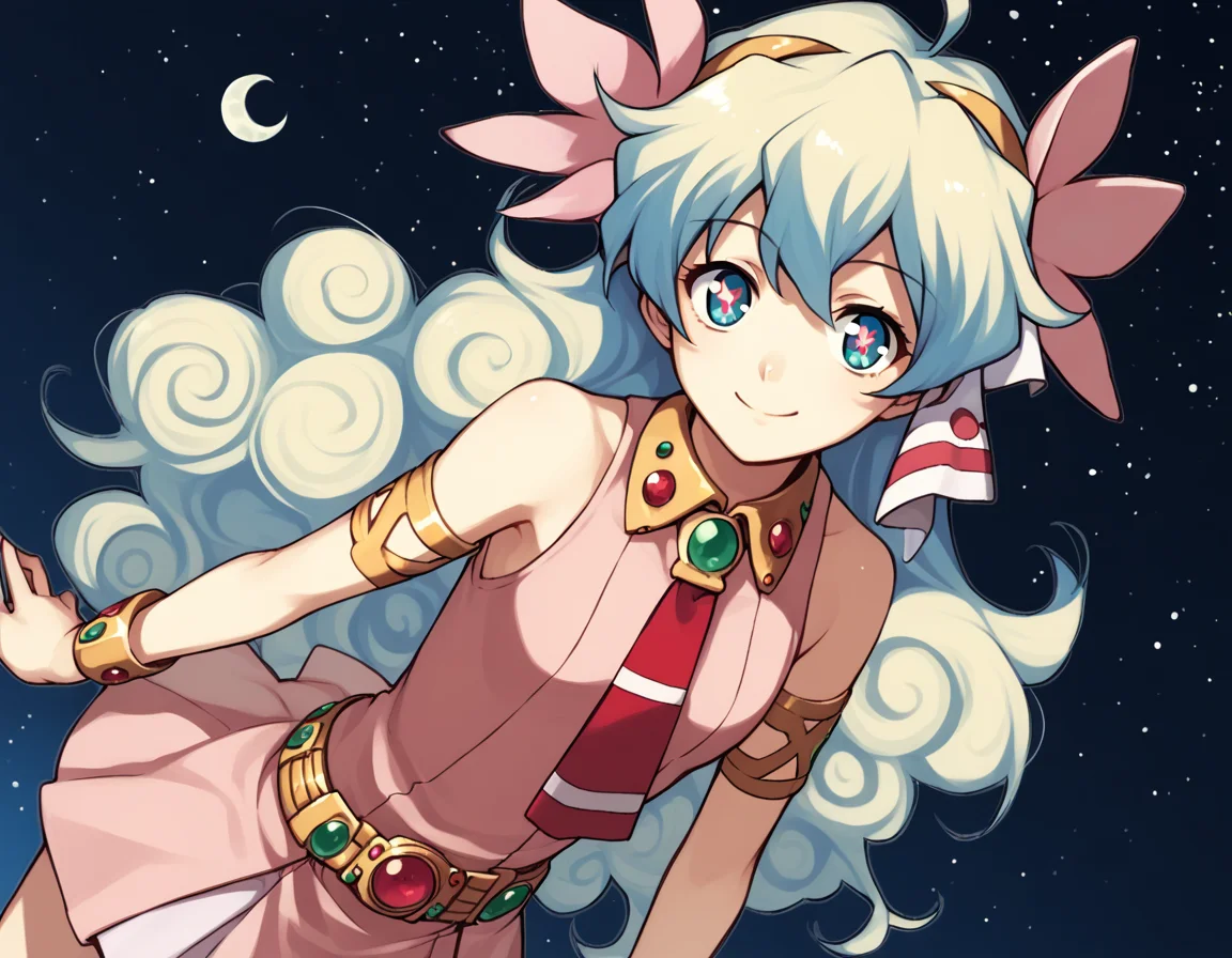 score_9, score_8_up, score_7_up, source_anime,
niateppelin, <lora:nia-teppelin-ponyxl-lora-nochekaiser:1>,
nia teppelin, cross-shaped pupils, hair flower, hair ornament, long hair, multicolored hair, simple background, symbol-shaped pupils, two-tone hair, ahoge, curly hair,
armlet, bracelet, dress, pink skirt, skirt, sleeveless,
outdoors, space, starry sky, moon, bent over, smile,
looking at viewer, solo, cowboy shot, dutch angle,