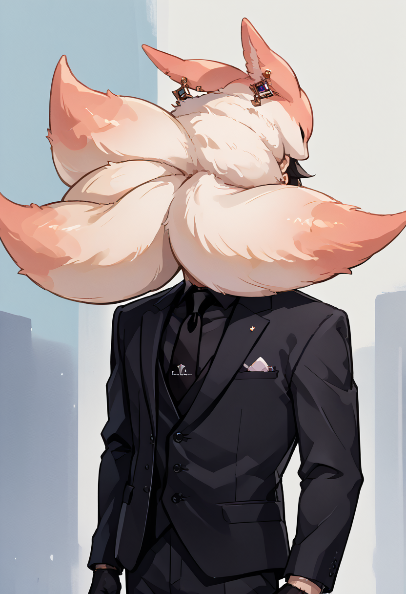 score_9, score_8_up, source_anime, face hug, on shoulders, shoulder carry, carrying, arms on head, <lora:ChamFaceHugPonyXL:0.55>,
BREAK from behind, YaeMikoFox, earrings, no humans, multiple tails, <lora:YaeMikoFox_XLPD:1>,
BREAK , justtnp, formal, black jacket, black vest, black necktie, black gloves, black pants, <lora:oc_justtnp_ponyXL:1>