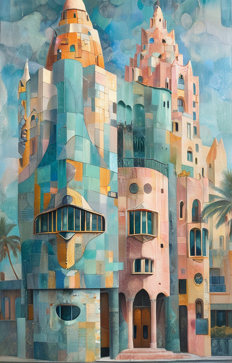 masterpiece,best quality,<lora:tbh305-sdxl:0.9>,illustration,designed by Antoni Gaudi Art Deco hotel facade in Miami Beach, featuring pastel colors and streamlined forms