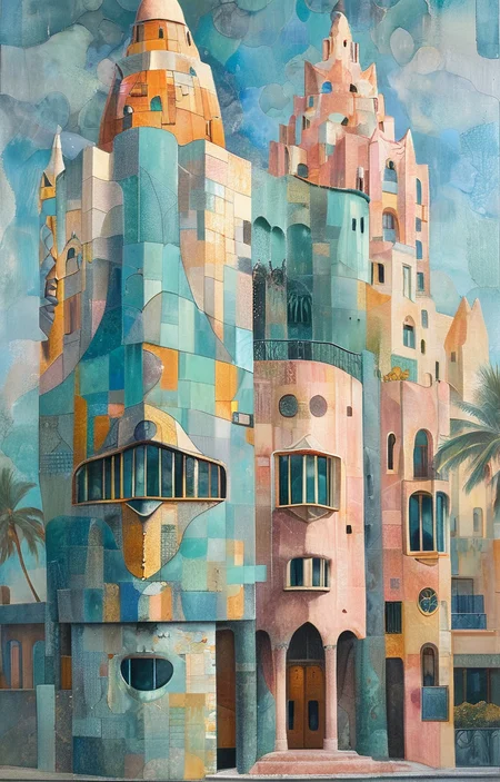masterpiece,best quality,<lora:tbh305-sdxl:0.9>,illustration,designed by Antoni Gaudi Art Deco hotel facade in Miami Beach, featuring pastel colors and streamlined forms