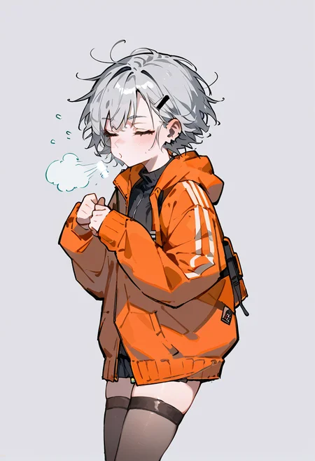score_9, score_8_up, score_7_up, score_6_up, score_5_up, score_4_up, (sneezing:1.1), (sneeze:1.1), chin down, closed eyes, 1girl, (digital artwork), cold breath, (gorgeous beautiful) female athletic girl in city,  short grey hair, stockings, orange jacket, red bap, cheerful, arms together <lora:achuu-v1.0_90_epochs:1>