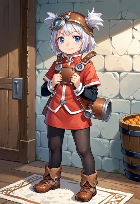 score_8, score_8_up, score_7_up, traditional media, pathfinder portrait BREAK 1girl, female focus, solo, pratty_scs, white hair, helmet, hair through headwear, two side up, bangs, sidelocks, short hair, blue eyes, Mandarin collar, red jacket, chest guard, red skirt, layered sleeves, short over long sleeves, sleeve cuffs, sheath, pantyhose, black pantyhose, sheath, ankle boots, brown footwear, standing, indoors, metal floor, metal wall, carpet, smile, holding strap, looking at viewer, full body, child