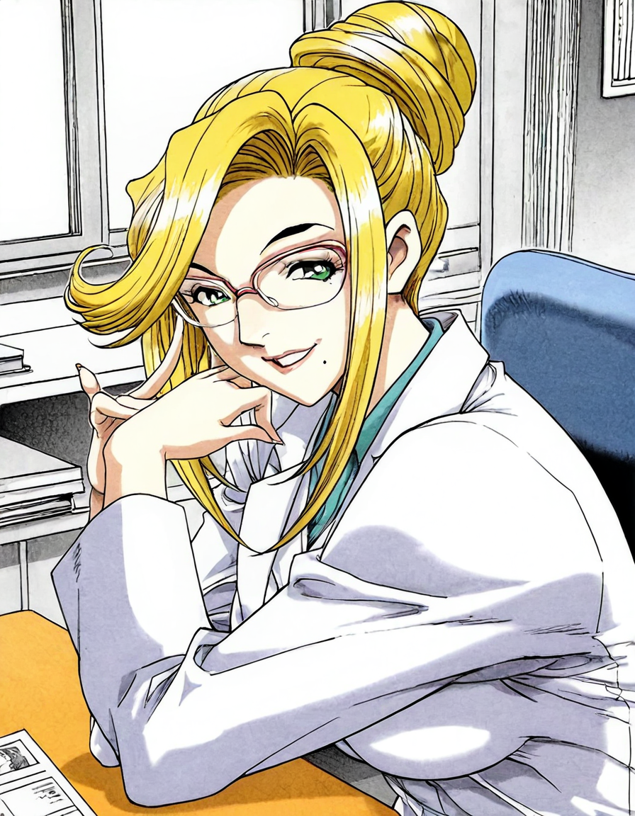 professor christine, yellow hair, glasses, bun, green eyes, desk, professor clothes, sexy smile, mole under the mouth on the left