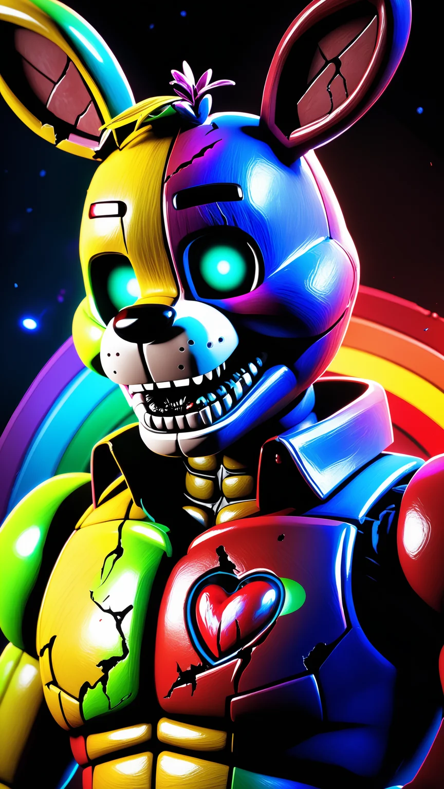 Bonnie fnaf, rainbow springtrap, muscular animatronic, inside home, Springtrap, Nightmare Springtrap, realistic springtrap, fnaf springtrap, creepy springtrap, realistic springtrap, (rainbow bloody veins growing and intertwining out of the darkness), Springtrap potrait, oozing thick blue blood, sharp neon, veins growing and pumping blood, vascular networks growing, springtrap costume, green veins everywhere, (nailed wire), blood on body, (rainbow skin:1.4), (Cross-hatching:1.1), (Infrared:1.2), Hypercube, ultra detailed, intricate, oil on canvas, ((dry brush, ultra sharp)), (surrealism:1.1), (disturbing:1.1), sparks, dark atmosphere, RTX, post processing, fnaf pizzeria, ultra detail, freddy fazbear, springtrap Five Nights at Freddy's, a lot of blood, fnaf animatronic, nightmare animatronic, golden freddy, detailed background, pizzeria background, beksinski style, heart on chest, lubrified body, body reflections, bloody, (shattered glass:1.3), cosmic space background, ethereal atmosphere, dynamic pose, black hole in the background, stars, space, lensflare, rim lighting, backlighting, detailed hands, muscular hands, glowing rainbow teeth, glowing mouth