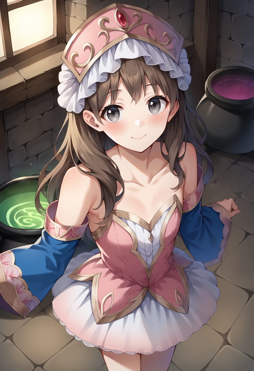 score_9, score_7_up, hd, (ultra hd quality details), source_anime, indoors,
solo, 1girl, attotori, brown hair, long hair, hair over shoulder, grey eyes,
totoridef, headdress, pink dress, collarbone, two-tone dress, bare shoulders, jacket, blue sleeves, detached sleeves, white skirt,
looking at viewer, blush, smile,
standing, from above, cauldron,
<lora:_totooria_helmold-elesico-ponyD-000011:1>