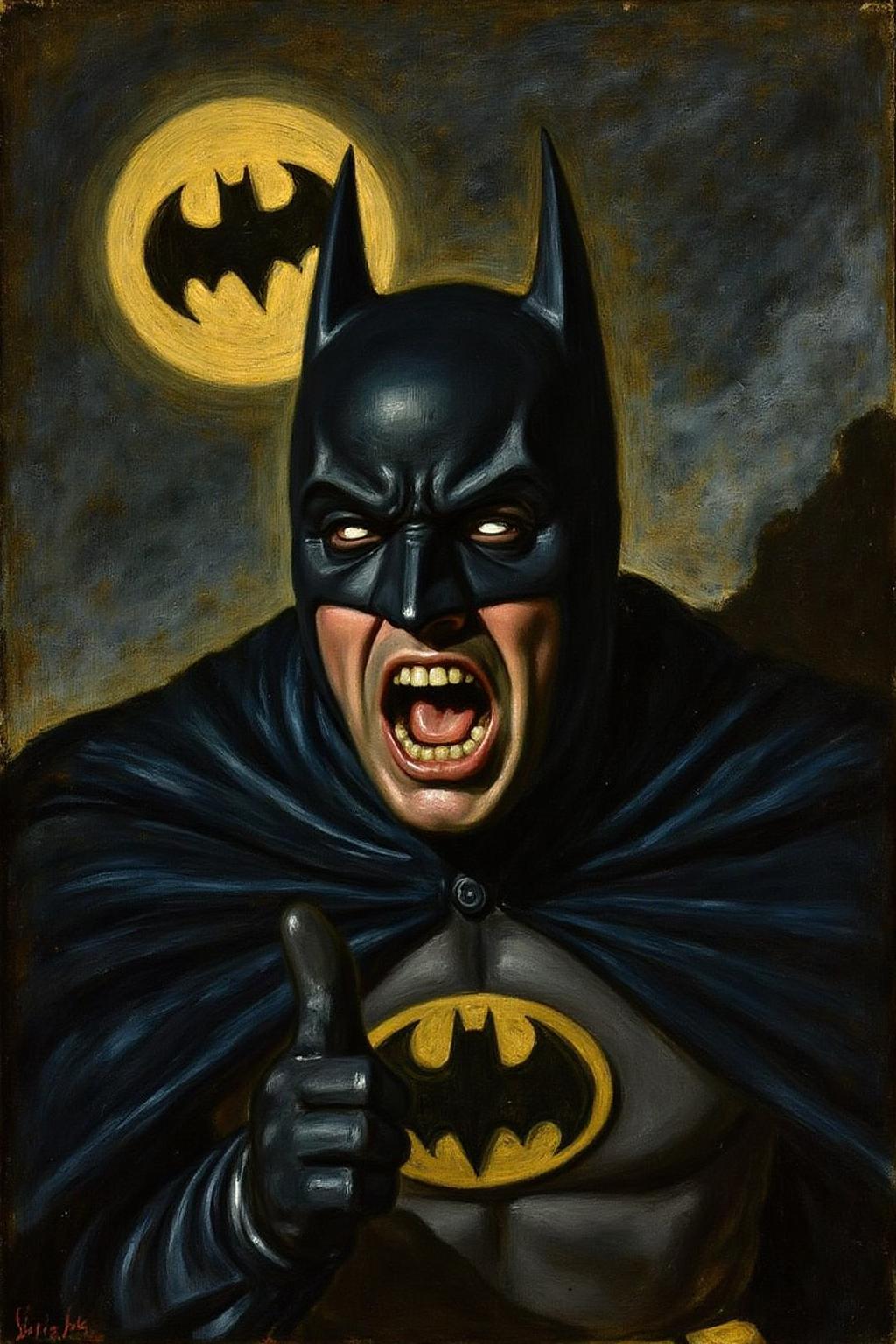 fraha1 painting of Batman shouting angrily. Background is the bat signal on a dark night sky. <lora:fraha2_nocap_d6a3:1.0><lora:806932588930336517:0>