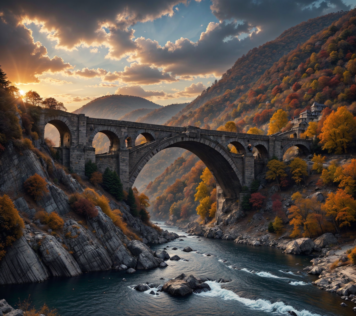 RAW photo, (masterpiece:1.3), subsurface scattering, heavy shadow, (high quality:1.4), (intricate, high detail:1.2), professional photography, HDR, High Dynamic Range, realistic, ultra realistic, photorealistic, high resolution, film photography, ambient lighting, atmospheric effects, <lora:detail_slider_v4:2>, OverallDetail,  <lora:Bridge:0.7>, a (stone) bridge over a river, town, city, mountain, epiCPhoto