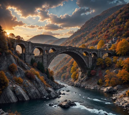 RAW photo, (masterpiece:1.3), subsurface scattering, heavy shadow, (high quality:1.4), (intricate, high detail:1.2), professional photography, HDR, High Dynamic Range, realistic, ultra realistic, photorealistic, high resolution, film photography, ambient lighting, atmospheric effects, <lora:detail_slider_v4:2>, OverallDetail, <lora:Bridge:0.7>, a (stone) bridge over a river, town, city, mountain, epiCPhoto
