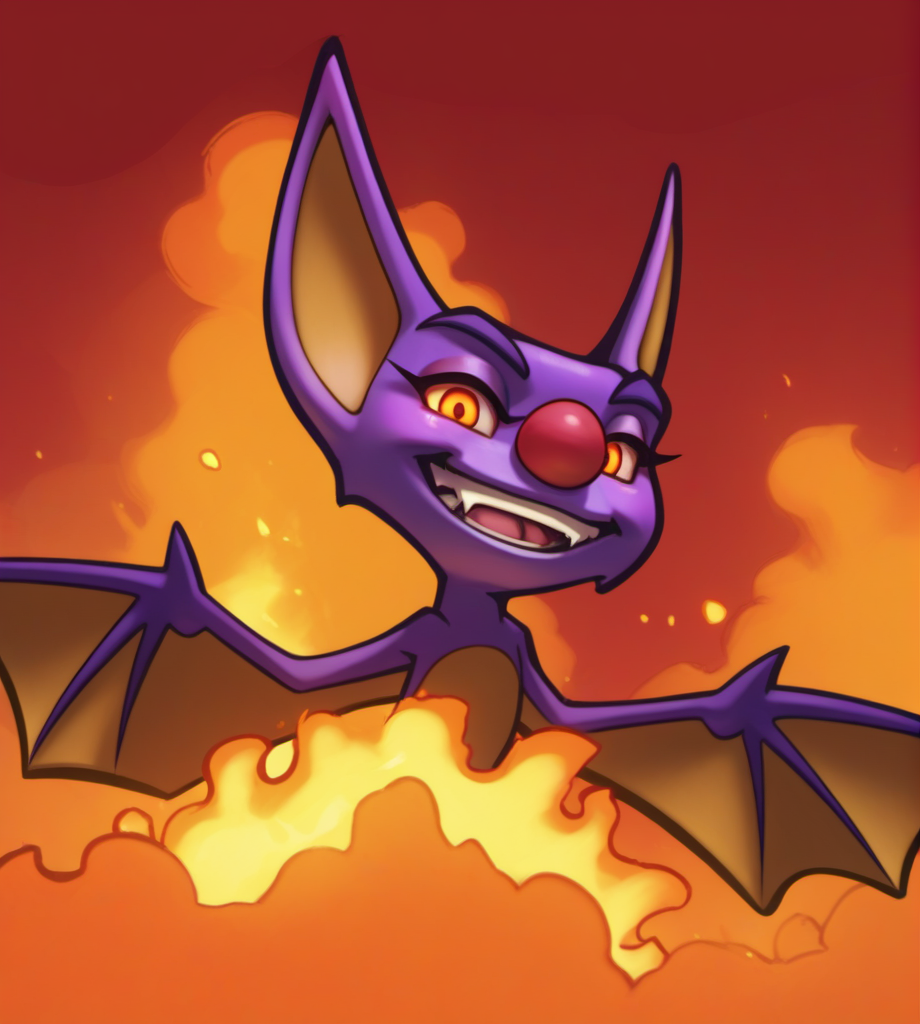 score_9, score_8_up, score_7_up, score_6_up, score_5_up, score_4_up, high res, digital media (artwork), absurd res, 2d, under shade, source_furry, <lora:Yooka_and_Laylee_-_Kracklestone_Designs:0.95> laylee, bat, feral, membranous wings, winged arms, tailless, big ears, big nose, red nose, purple skin, yellow feet, fangs, glowing eyes, red eyes, looking at viewer, evil grin, toothy grin, red background, fire, head tilt, low-angle view