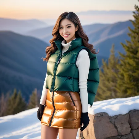 (full body shot),cute two american tall women,unique, wearing a knee-length cropped_puffer_vest winter puffer skirt, unique hair styles, 8k uhd, dslr, soft lighting, high quality, photorealistic, realism, hyperrealism, smile , outdoors scene, kawaii photoshoot
<lora:cropped_puffer_vest_v2-000008:0.4>