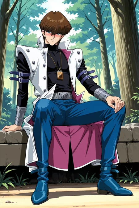 masterpiece,best quality,amazing quality, SetoKaibaYGOILXL, retro artstyle, 1boy, blue eyes, brown hair, short hair, hair between eyes, pectorals, turtleneck, white coat, open coat, black shirt, long sleeves, arm belt, necklace, guantlets, grey belt, blue pants, blue shoes, solo, full body, sitting, ((bellow view)), seductive smile, looking at viewer, naughty face, nose blush, forest, tree   <lora:SetoKaibaYGOILXL:1>