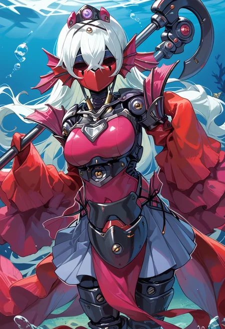 (score_9:0.9),score_8_up,score_7_up,rating_explicit,(zPDXL),(zPDXL3),
<lora:Tearlaments Kashtira PonyXL v1:0.77>,tearlaments kashtira,black tiara,red detached sleeves,red dress,1girl,solo,holding scythe,scythe,underwater,looking at viewer,red mask,science fiction,red calf fins,robot,mechanical mermaid,machinery,sleeves past wrists,black pleated skirt,no eyes,