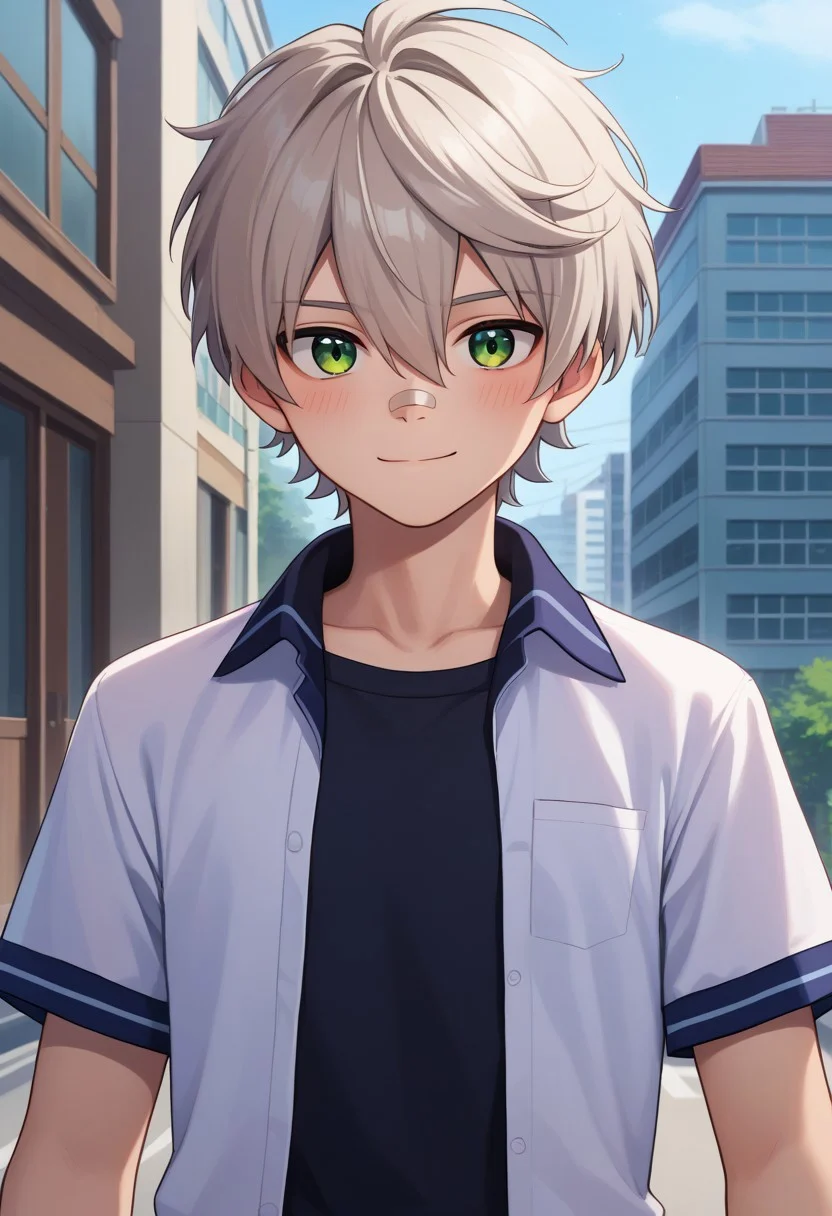 score_9, score_7_up, source_anime,
bennett, 1boy, male focus, solo, green eyes, grey hair, short hair, hair between eyes, bangs, school uniform, shirt, collared shirt, open shirt, open clothes, black shirt, t-shirt, wristband,
bandaid, bandaid on nose, upper body, smile, blush, closed mouth,
outdoor, building, contemporary,
