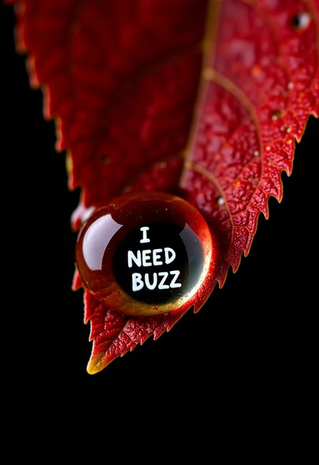 score_9, score_8_up, score_7_up, score_6_up, 
A hyper realistic macro image of a water droplet clinging to the edge of a fall colored leaf, Using tilt and shift photography, focus on the intricately detailed text inside the water drop "I NEED BUZZ",
dark background, soft glow, ultra-detailed, high-res, vivid colors