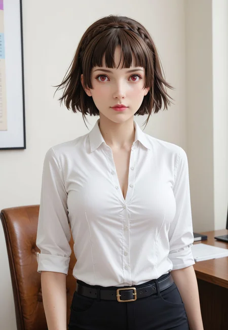 safe_pos, score_9, score_8_up, score_7_up, rating_safe, stunning background, standing in office, carrying files, sloppy, shy, (casual, slim, posing, flirty, sporty, large breasts, cute:1.3), eye_focus, close-up, solo, looking_at_viewer, gr33n, p5makoto, niijima makoto, brown hair, blunt bangs, crown braid, red eyes, p5makoto-sumcas, shirtdress, long shirt, white shirt, black pants, capri pants, black belt, thin belt, loose belt, casual, leggings,