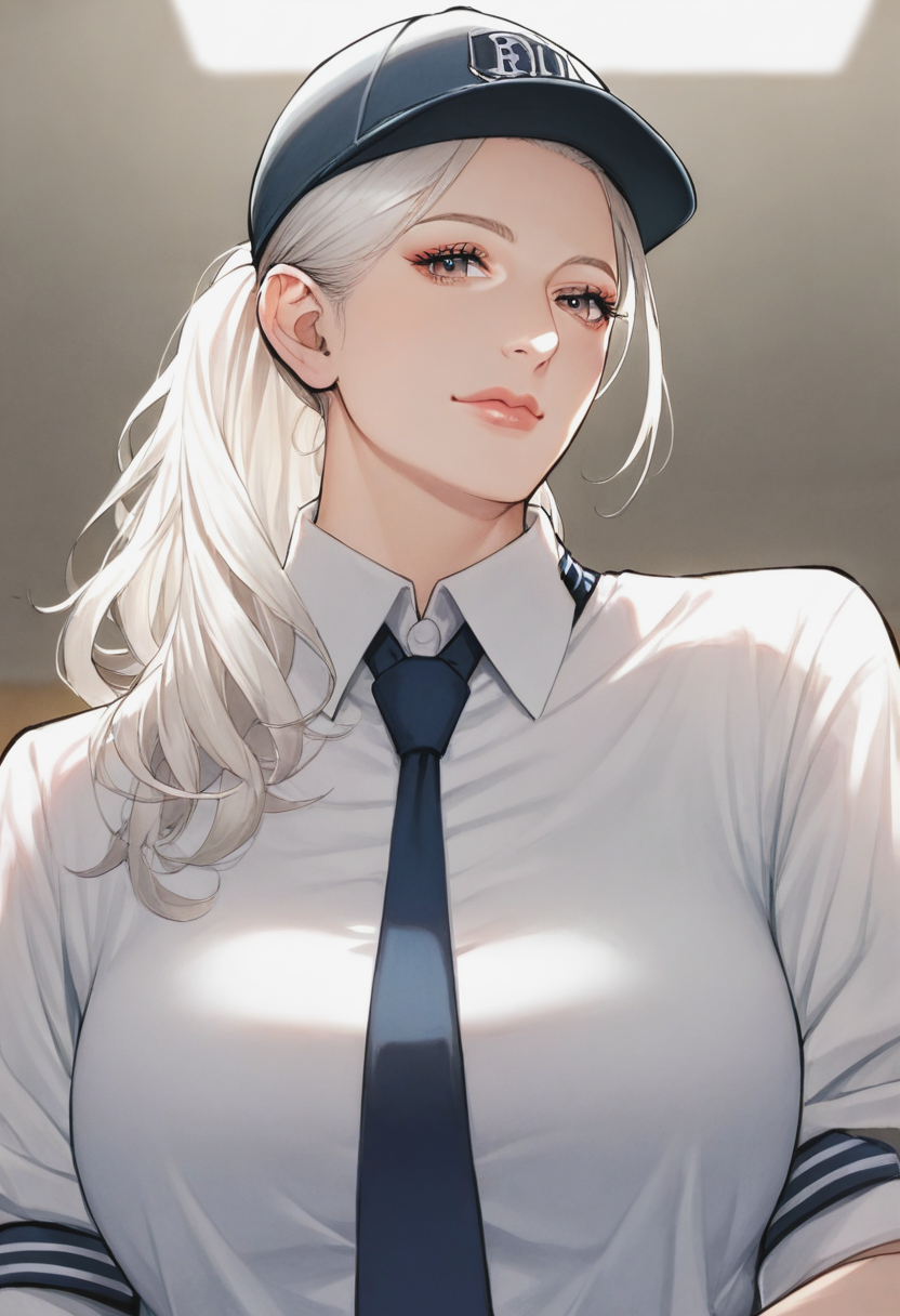 source_anime, score_9, score_8_up, score_7_up, 1girl, mature_female, solo, Pretending to hit a baseball, from below, (Navy blu Tie), white hair, portrait, rating_safe, <lora:sdxl\pony diffusion\artist_styles\izayoi_seishin_pony:1.0>