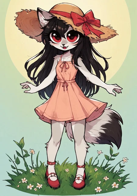 score_9_up, score_8_up, score_7_up, score_6_up, source_furry, (best quality:1.1), ultra-detailed, high resolution, highly detailed macro illustration, solo BREAK 1girl, Rixa, anthro, female, (gray and white fur), animal ears, black ear tips, thin black eyebrows, black animal nose, (beautiful red eyes:1.4), (long eyelashes:1.2), (black hair, red tipped hair), striped fluffy tail, skinny, fangs, (happy expression, cute face:1.2), Sun dress, red shoes, summer, straw hat BREAK mikus-concept, full body, big eyes, dynamic pose BREAK outside, grass, nature, blue sky, sunny BREAK sharp focus, perfect lighting, anatomically correct, extremely detailed, high detail, detailed background,